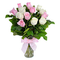 Pink White Roses in Vase 24 Flowers. Deliver New Year Flowers in Hyderabad