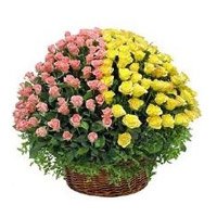 Midnight New Year Flowers to Hyderabad that contains 100 Pink and Yellow Roses Basket to Hyderabad
