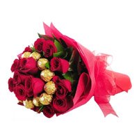 Friendship Day Chocolates Delivery to Hyderabad comprising 16 pcs Ferrero Rocher and 24 Red Roses Bouquet
