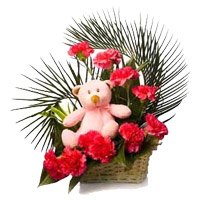 Send Red Carnation Small Teddy Basket 12 Flowers to Hyderabad. Diwali Gifts in Hyderabad