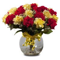 Send Online Delivery of Friendship Day Flowers including Red Yellow Carnation Vase 18 Flowers