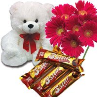 Send 6 Red Gerbera, 6 Inch Teddy Bear and 4 Five Star Chocolates in Hyderabad