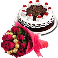 Send New Year Gifts to Hyderabad including 16 pcs Ferrero Rocher with 30 Red Roses Bouquet and 1/2 Kg Black Forest Cake to Hyderabad