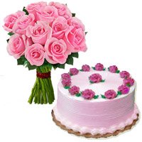 Send Online 1/2 Kg Strawberry Cake and Rakhi with 12 Pink Roses Bouquet to Hyderabad