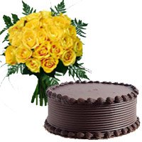 Online 1/2 Kg Chocolate Cake and Rakhi with 18 Yellow Roses Bouquet to Hyderabad