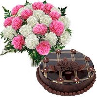 Deliver 1 Kg Friendship Day Chocolate Cake with 12 Pink White Carnation Bouquet in Hyderabad
