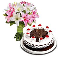 Get Christmas Gifts Online any where in Hyderabad so order for 6 Pink White Lily Stem 1/2 Kg Black Forest Cake to Tirupati