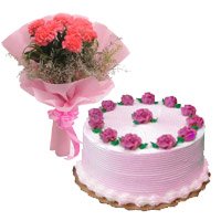 6 Pink Carnation 1/2 Kg Strawberry Cake to Hyderabad Midnight Delivery