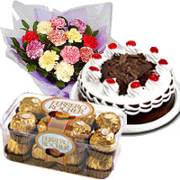 On Friendship Day Gifts Deliver 12 Mix Carnation with 1/2 Kg Black Forest Cake and 16 Pcs Ferrero Rocher Chocolates in Hyderabad Online
