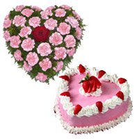 Get Rakhi with 36 Pink Carnation Flowers in Heart Shape and 1 Kg Heart Strawberry. Rakhi Flowers to Hyderabad