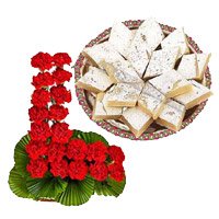 Diwali Gifts to Hyderabad to Send 24 Red Carnation Basket with 1/2 Kg Kaju Burfi