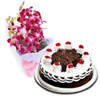 Online Diwali Flowers to Hyderabad to Send 5 Purple Orchids Bunch 1/2 Kg Black Forest Cake to Hyderabad