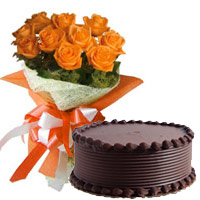 Send 10 Orange Roses 1/2 Kg Chocolate Cake to Hyderabad