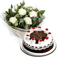 Deliver 6 White Roses 1/2 Kg Black Forest Cakes in Hyderabad