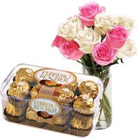 Christmas Flowers Deliver 10 Pink White Roses Vase 16 Pcs Ferrero Rocher to Hyderabad
