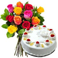 Deliver Diwali Flowers in Hyderabad. 12 Mix Roses 1 Kg Pineapple Cake in Hyderabad