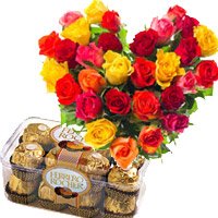 Send Online Diwali Gifts to Secunderabad that includes 30 Mix Roses Heart 16 Pcs Ferrero Rocher