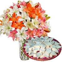 Order 18 Pink White Lily Vase Flower in Hyderabad with 1/2 Kg Kaju Katli. Diwali Gifts in Hyderabad