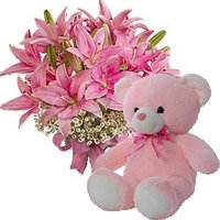 Order Online New Year Gifts to Secunderabad consisting 6 Oriental Pink Lily, 6 Inch Teddy Bear Hyderabad