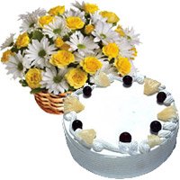 Friendship Day Cake to Hyderabad including 30 White Gerbera Yellow Roses Basket with 1 Kg Eggless Pineapple Cake