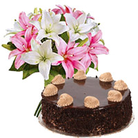 Get Rakhi Gifts to Hyderabad. 6 Pink White Lily 1 Kg Chocolate Cake in Hyderabad From 5 Star Hotel