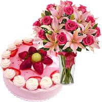 Friendship Day Cake Delivery to Hyderabad contain 4 Pink Lily 15 Rose Vase 1 Kg Strawberry Cake From 5 Star Hotel