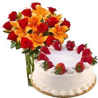 Send Rakhi Gifts to Hyderabad. 8 Orange Lily 12 Roses Vase with 1 Kg Strawberry Cakes to Hyderabad from 5 Star Bakery