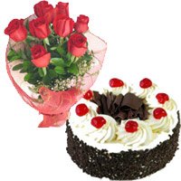 Send Rakhi with Cakes to Hyderabad. 1 Kg Black Forest Cake and 12 Red Roses Bouquet in Hyderabad