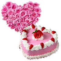 Place Online Order to Send New Year Flowers to Hyderabad incorporated 24 Pink Roses Heart 1 Kg Strawberry Heart Cake in Vishakhapatnam