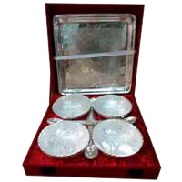 Christmas Gifts to Hyderabad to send Silver Plated Set (4 Bowls, 4 Spoon, 1 Tray) in Brass