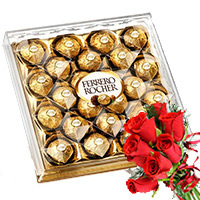 Send Ferrero Rocher Chocolates 24 Pieces with 6 Red Roses Bunch to Hyderabad India