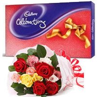 Friendship Day Gifts to Hyderabad with 12 Mix Roses Bouquet with Cadbury Celeberation Pack