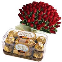 Send 16 Pcs Ferrero Rocher with 50 Red Roses Bunch Flowers to Hyderabad