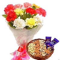 Order Online New Year Dry Fruits to Vizag send to 12 Mixed Flowers Bouquet with 1/2 Kg Assorted Dry Fruits and 2 Dairy Milk Chocolates to Hyderabad