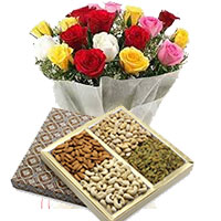 Flowers and Dry Fruits to Hyderabad to send 24 Mixed Roses with 1/2 Kg Assorted Dry Fruits. New Year Gifts to Tiruptai