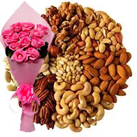 Send Christmas Gifts to Hyderabad. 12 Pink Roses with 500 gm Mixed Dry Fruits Online Hyderabad