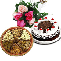 Diwali Gifts to Hyderabad to Send 6 Mix Roses 1/2 Kg Black Forest Cake with 500 gm Mix Dry Fruits