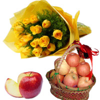 Order for Diwali Gifts to Hyderabad. 2 Kg Apple Basket with 12 Yellow Roses Flower Bouquet to Hyderabad