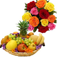 Buy Diwali Gifts consist of 12 Mix Roses Bunch with 1 Kg Fresh Fruits to Hyderabad with Basket