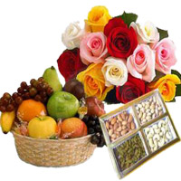 Send Christmas Gifts to Hyderabad. 12 Mix Roses Bunch with 1 Kg Fresh Fruits Basket and 500 gm Mix Dry Fruits to Hyderabad