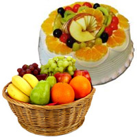 Online Friendship Day Gifts Delivery of 1 Kg Fresh Fruits Basket with 500 gm Fruit Cake in Hyderabad