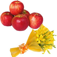 Send Online Friendship Day Gifts to Hyderabad including of Yellow Lily Bouquet 3 Flower Stems with 1 Kg Fresh Apple