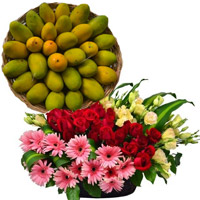 Buy 20 Red and Yellow Roses on Friendship Day Gifts online in Hyderabad with 10 Pink Gerbera and 2 Kg Fresh Mango