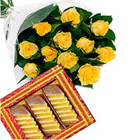 Friendship Day Gifts to Hyderabad with 1 kg Kaju Katli and 12 Yellow Roses Flowers in Hyderabad