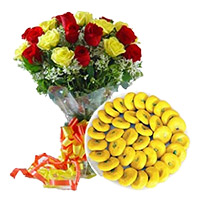 Place Order for Diwali Gifts to Hyderabad. 1 kg Mava Peda with 12 Mix Roses Bouquet Hyderabad