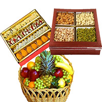 Send Basket of 3 Kg Fresh Fruits with 0.5 kg Mixed Dryfruits Gifts and 1 kg Assorted Sweets to Hyderabad on Diwali