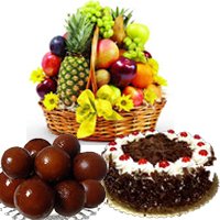Send Friendship Day Gifts including 1 Kg Fresh Fruits with 1 Kg Gulab jamun & 1 Kg Round Black Forest Cake in Hyderabad Online