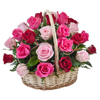 Place Online Order to Send New Year Flowers to Hyderabad send to Red Pink Peach Roses Basket 24 Flowers in Hyderabad
