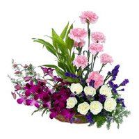 Deliver Online Orchids Carnations and Roses Arrangement of 18 Flowers to Hyderabad on Rakhi