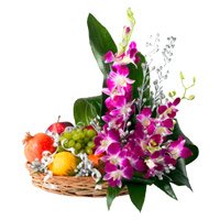 Online Friendship Day Flowers to Hyderabad. 5 Purple Orchids 2 Kg Fresh Fruits Basket
